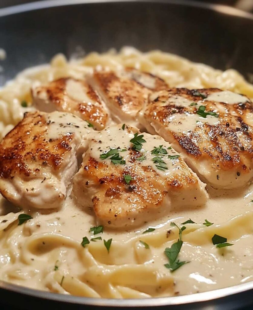 Buttery Garlic Chicken over Fettuccine