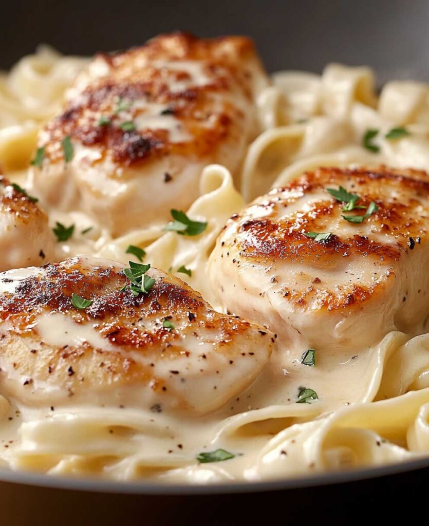 Serving and Decoration Buttery Garlic Chicken over Fettuccine