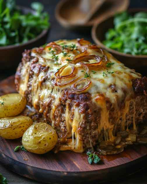 Easy  Crockpot French Onion Meatloaf With Melted Swiss Cheese