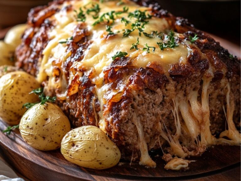 Crockpot French Onion Meatloaf with Melted Swiss Cheese