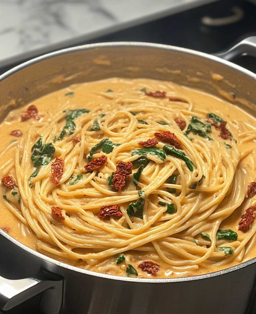 Easy Spaghetti & Spinach with Sun-Dried Tomato Cream Sauce